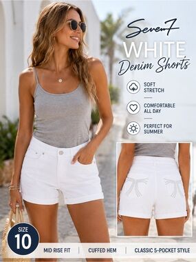 Seven7 White Stretch Denim Cuffed Shorts Size 10 Mid Rise Summer Casual